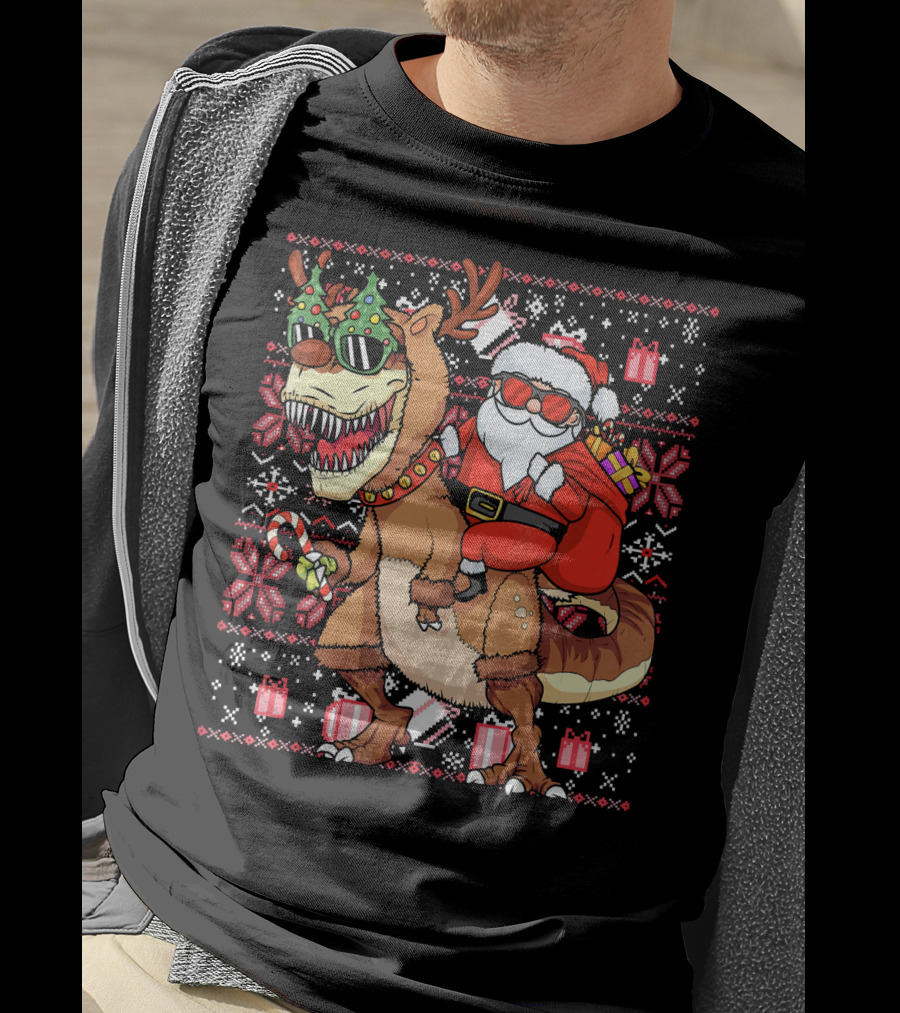 Santa Riding Trex Dinosaur Ugly Christmas T-Shirt
