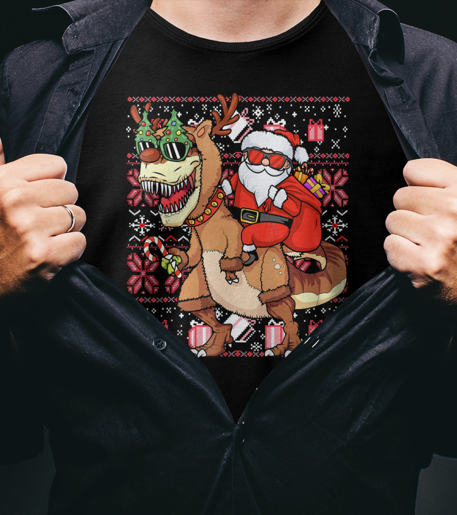 Santa Riding Trex Dinosaur Ugly Christmas T-Shirt
