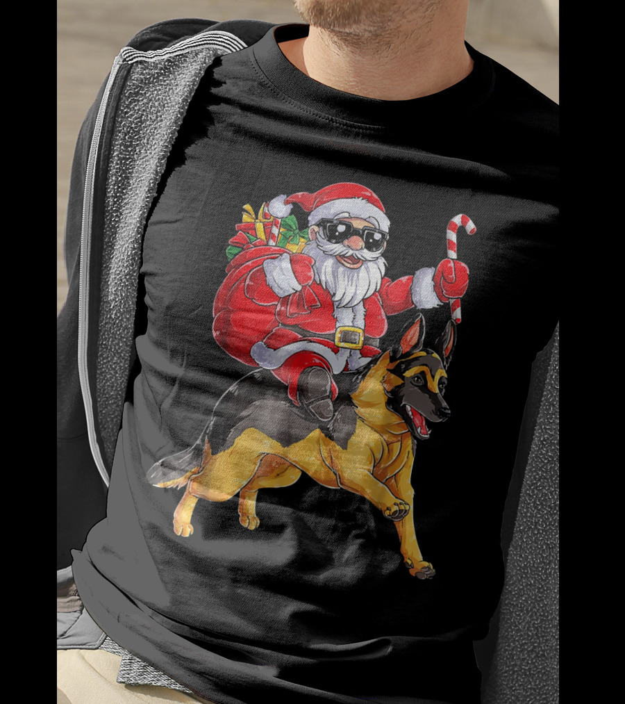 Santa Claus Riding German Shepherd With Candy Cane And Gifts T-Shirt