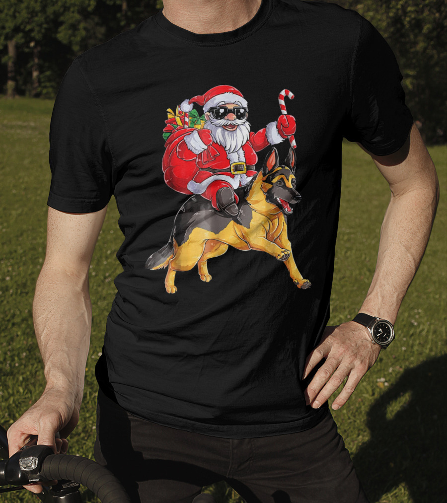 Santa Claus Riding German Shepherd With Candy Cane And Gifts T-Shirt