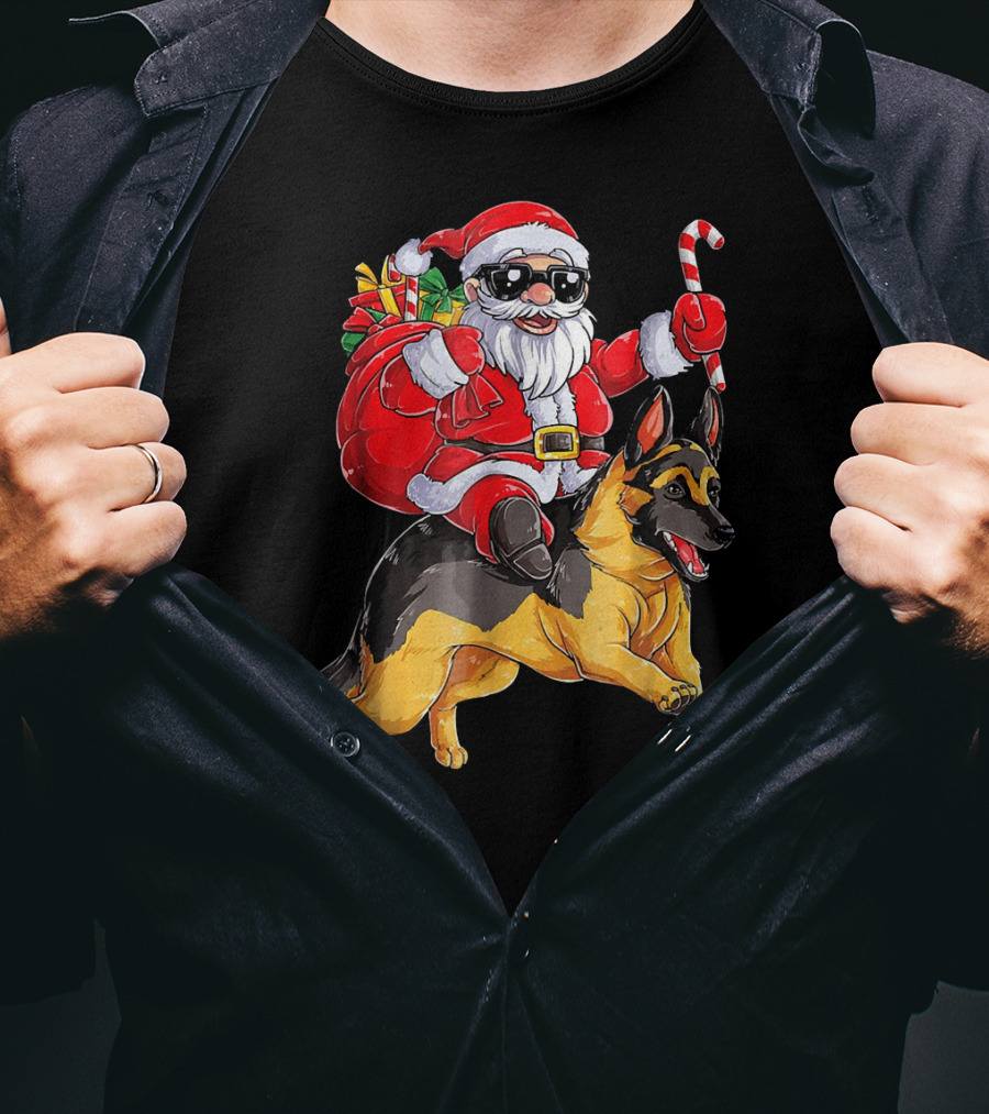 Santa Claus Riding German Shepherd With Candy Cane And Gifts T-Shirt