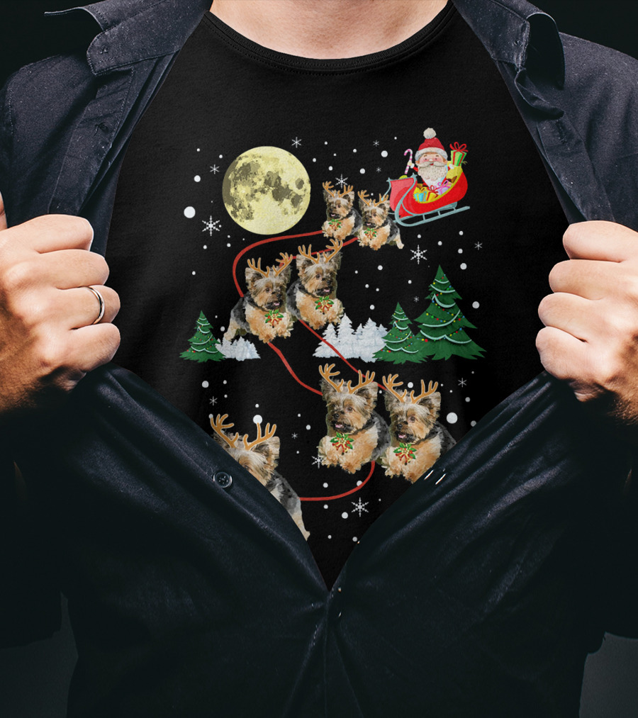 Funny Yorkie Christmas Santa Sleigh With Reindeer Puppies T-Shirt