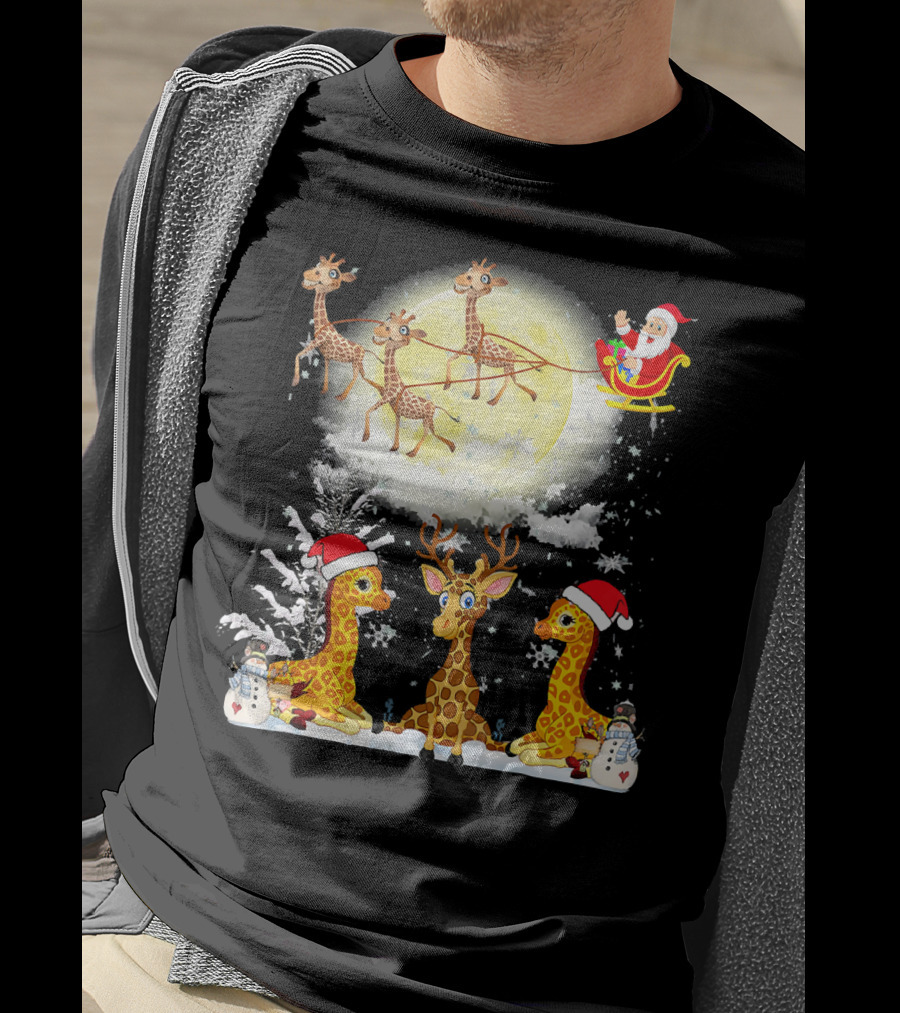 Santa's Sleigh Giraffes Christmas Moon Snowy Night Scene T-Shirt