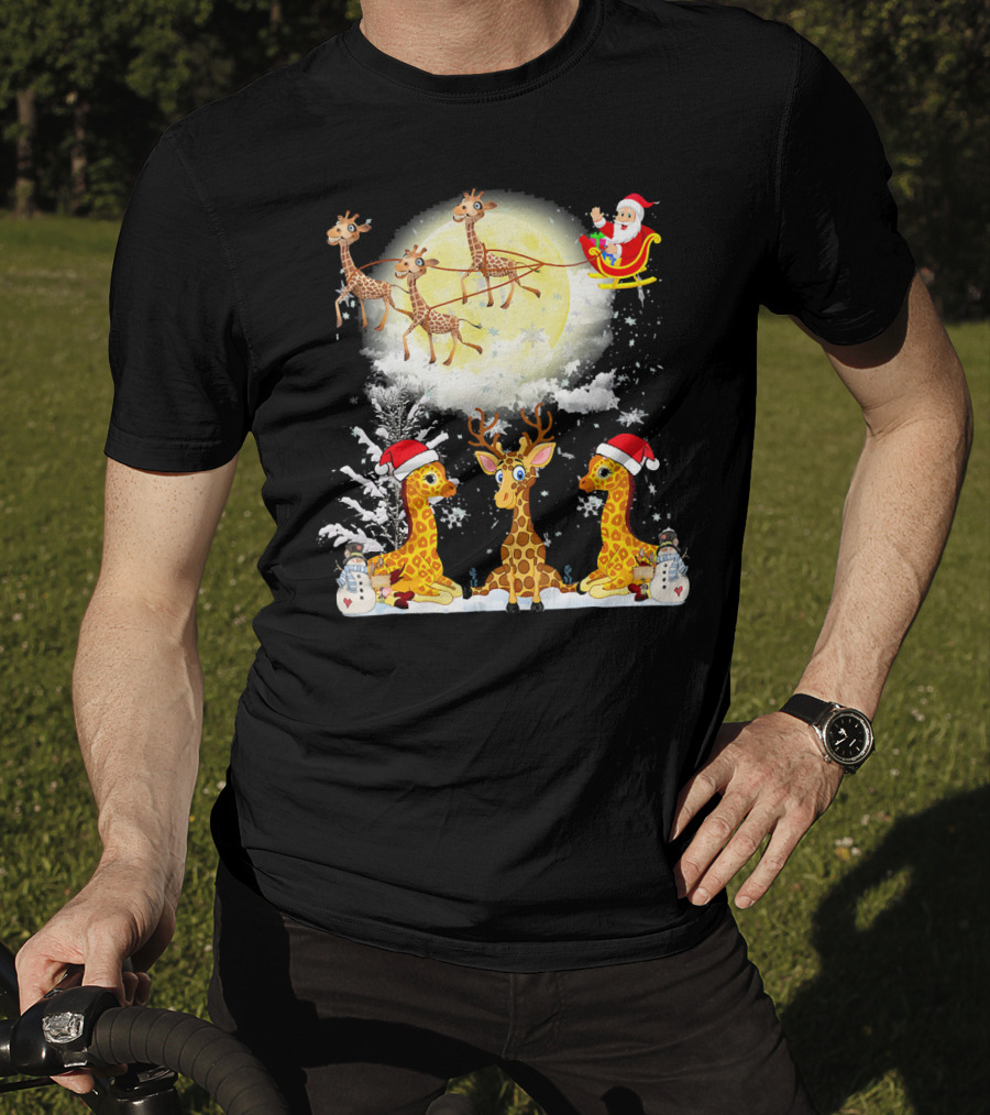 Santa's Sleigh Giraffes Christmas Moon Snowy Night Scene T-Shirt