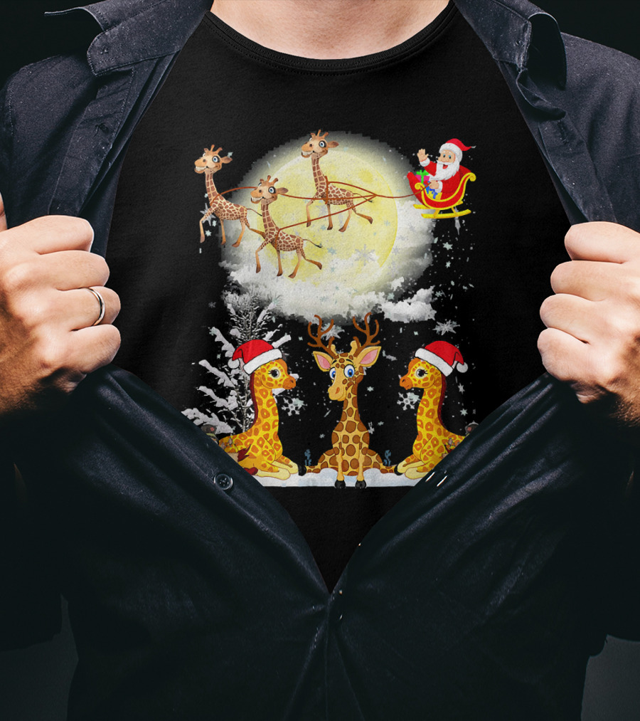 Santa's Sleigh Giraffes Christmas Moon Snowy Night Scene T-Shirt