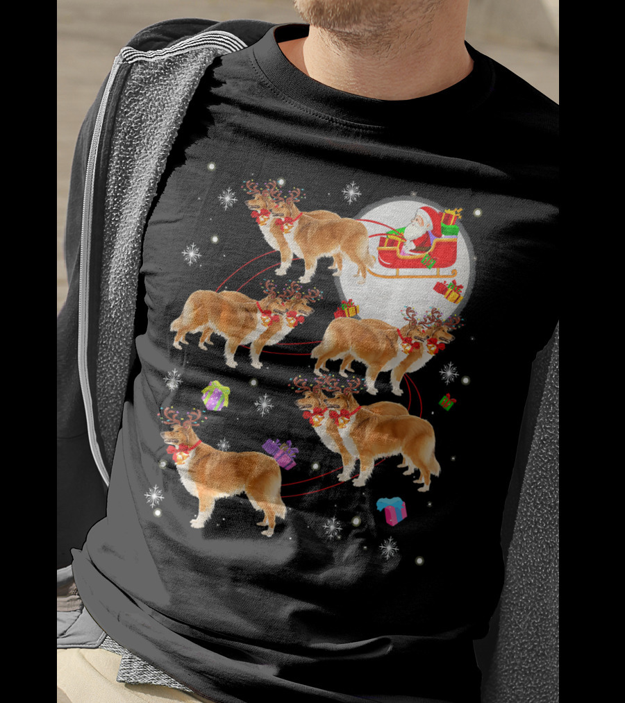 Rough Collie Reindeer Christmas Santa Sleigh Presents Snowflakes T-Shirt