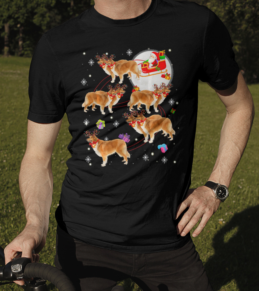 Rough Collie Reindeer Christmas Santa Sleigh Presents Snowflakes T-Shirt