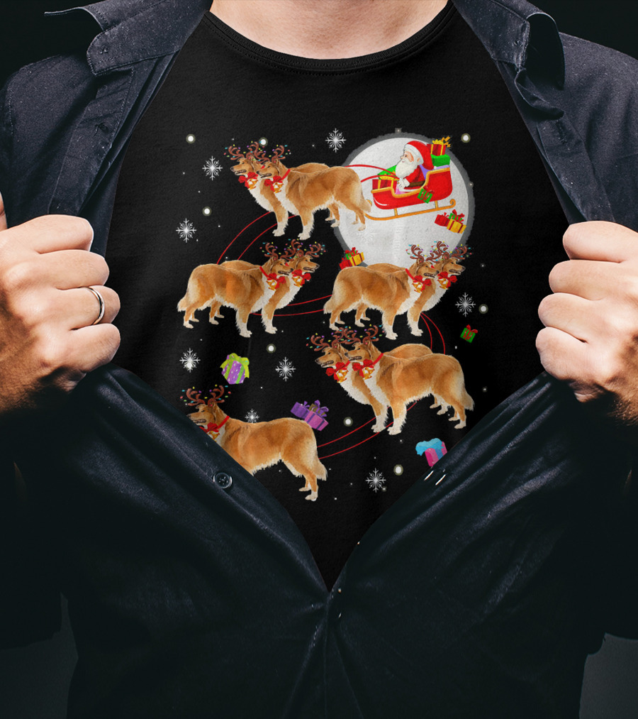 Rough Collie Reindeer Christmas Santa Sleigh Presents Snowflakes T-Shirt