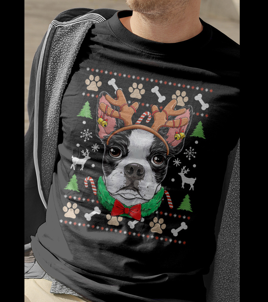 Boston Terrier Christmas Reindeer Antlers Candy Canes Snowflakes Paw Prints T-Shirt