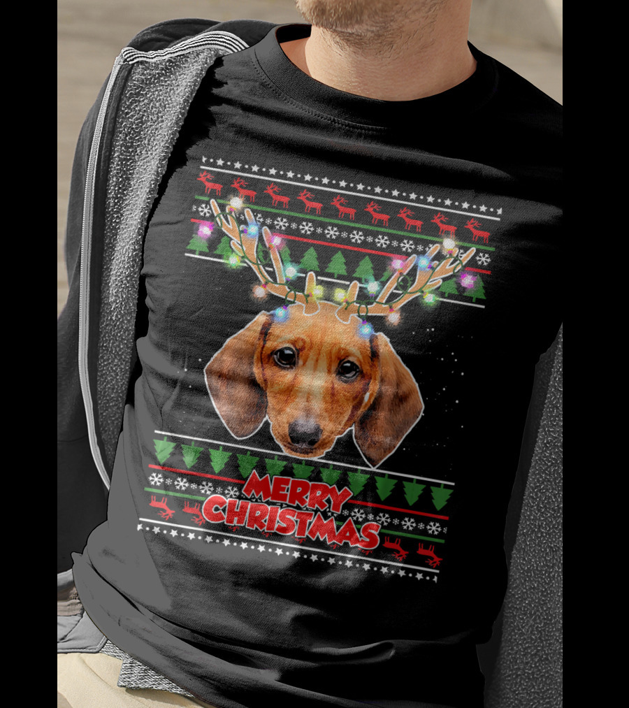 Merry Christmas Dachshund With Antler Ugly T-Shirt
