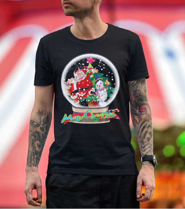 Premium T-Shirt: Merry Christmas Snow Globe Santa and Snowman Fun T-Shirt Merry Christmas Snow Globe Santa and Snowman Fun T-Shirt