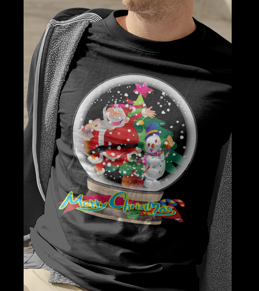 Merry Christmas Snow Globe Santa And Snowman Fun T-Shirt