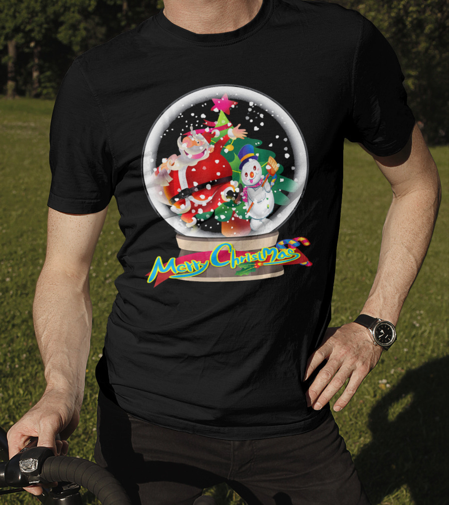 Merry Christmas Snow Globe Santa And Snowman Fun T-Shirt