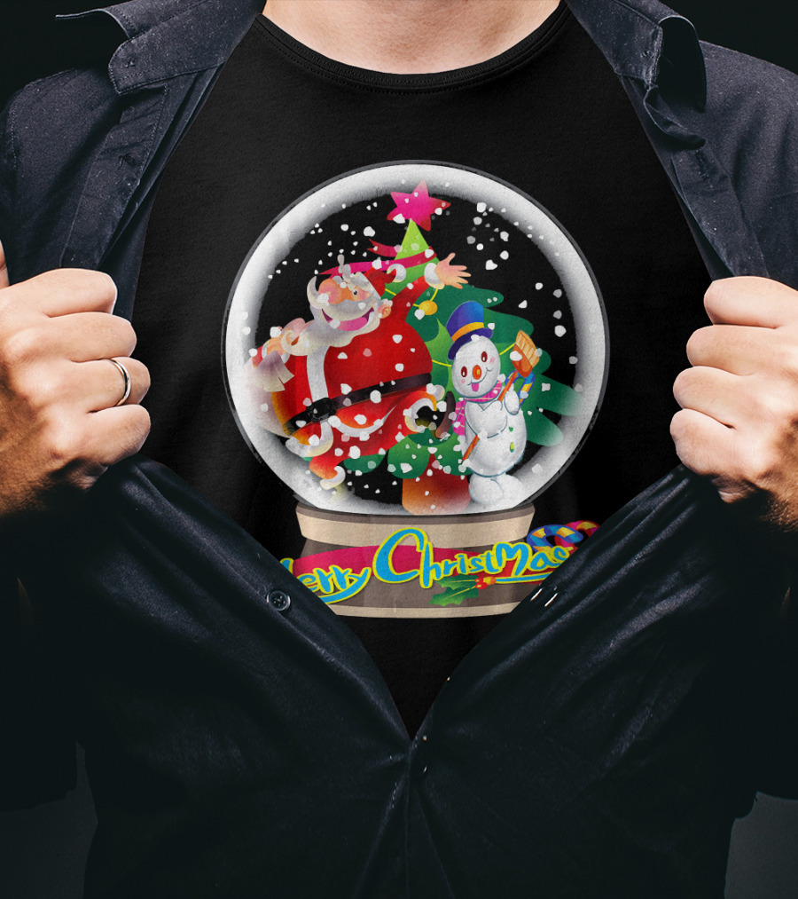 Merry Christmas Snow Globe Santa And Snowman Fun T-Shirt