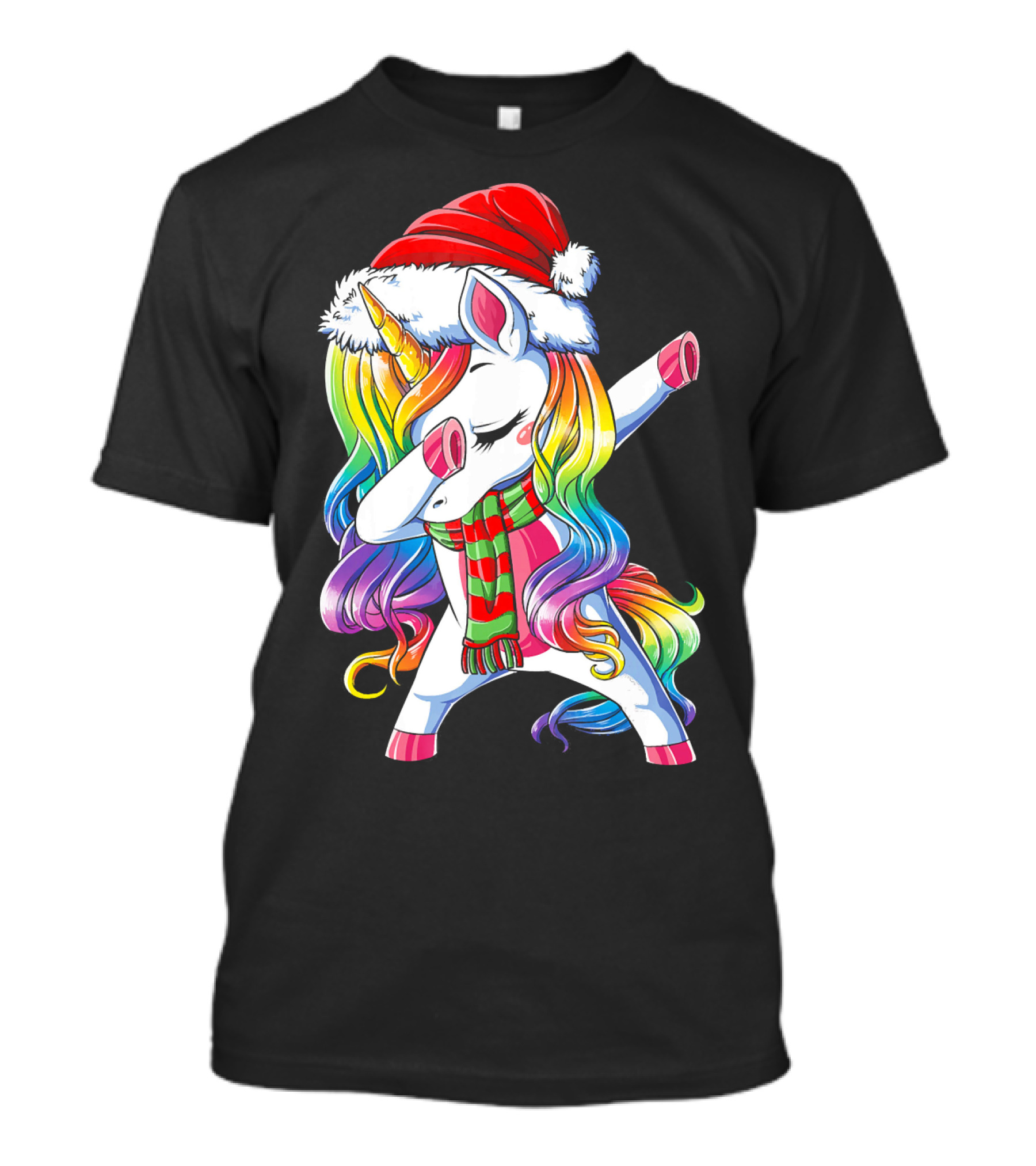 Dabbing Unicorn In Santa Hat With Rainbow Mane And Scarf For Christmas Girls T-Shirt