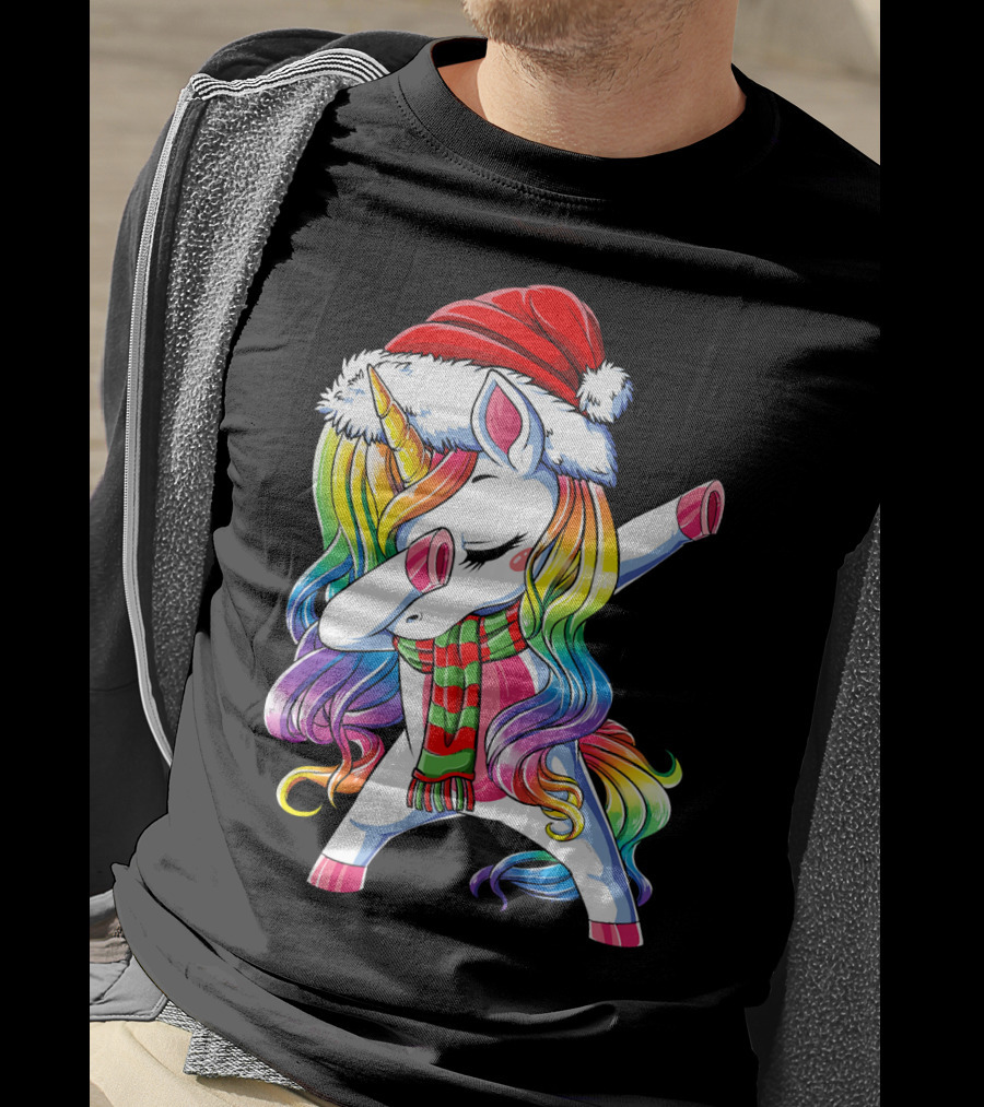 Dabbing Unicorn In Santa Hat With Rainbow Mane And Scarf For Christmas Girls T-Shirt