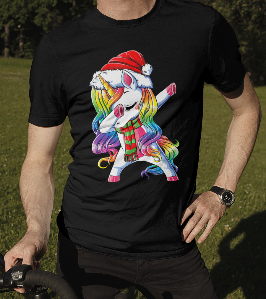 Dabbing Unicorn In Santa Hat With Rainbow Mane And Scarf For Christmas Girls T-Shirt