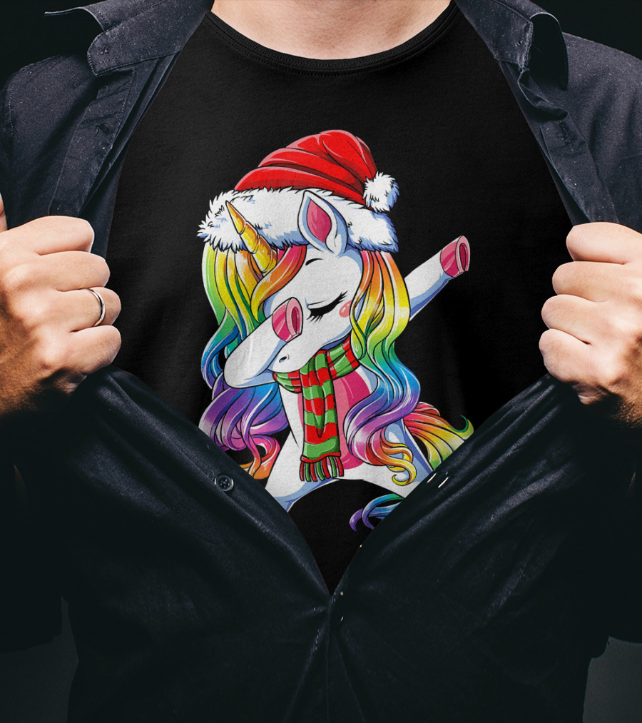 Dabbing Unicorn In Santa Hat With Rainbow Mane And Scarf For Christmas Girls T-Shirt