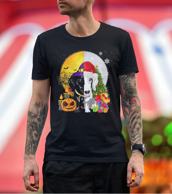 Premium T-Shirt: Dachshund Happy Halloween Merry Christmas Dual Holiday T-Shirt Dachshund Happy Halloween Merry Christmas Dual Holiday T-Shirt