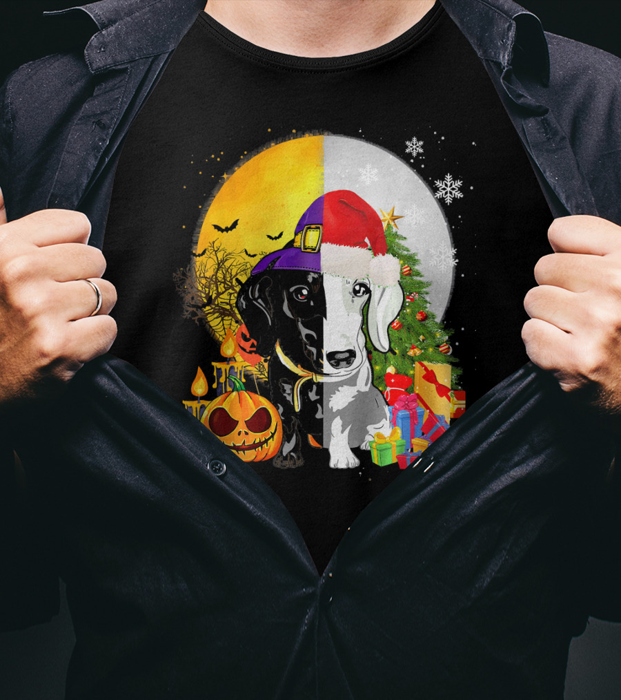 Dachshund Happy Halloween Merry Christmas Dual Holiday T-Shirt