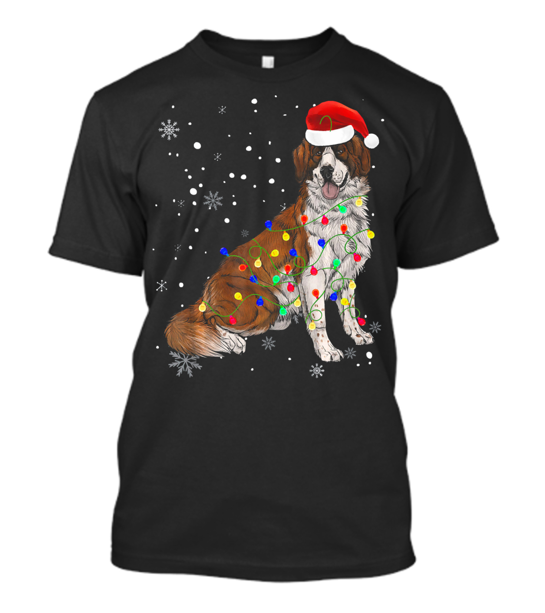 Bernard Dog Christmas Lights Santa Hat Snowflakes T-Shirt