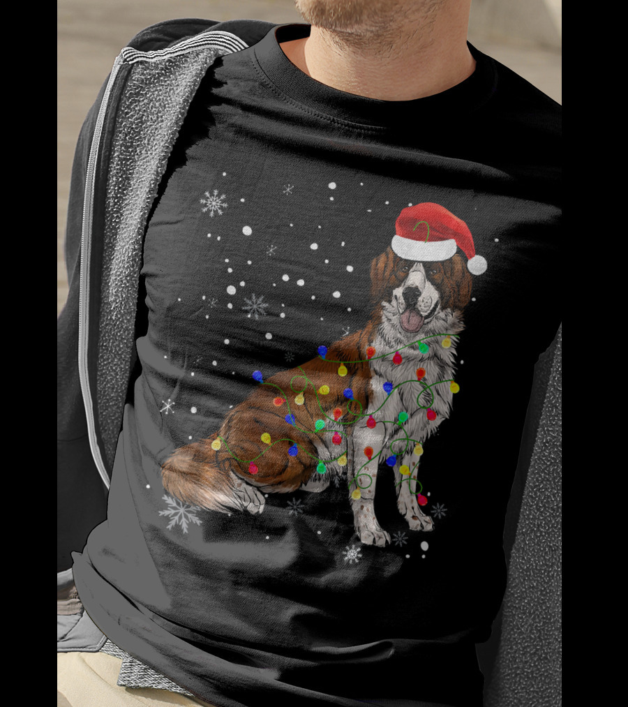 Bernard Dog Christmas Lights Santa Hat Snowflakes T-Shirt