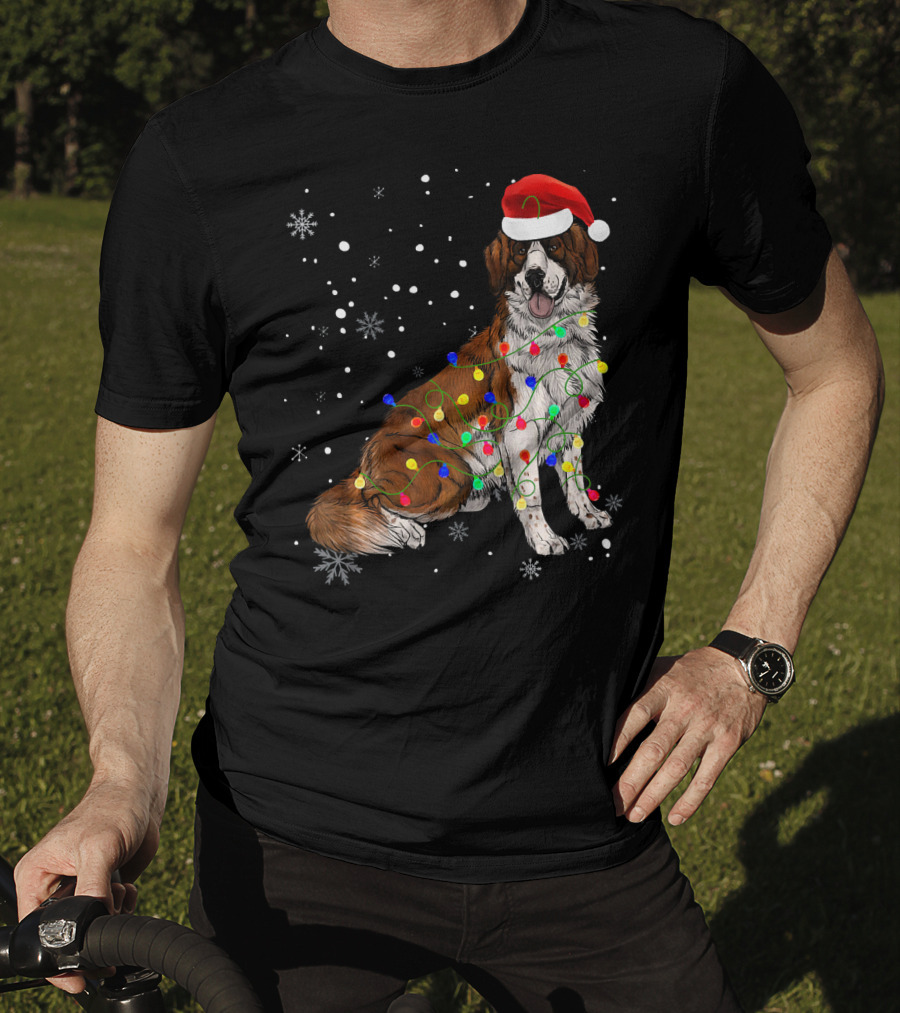 Bernard Dog Christmas Lights Santa Hat Snowflakes T-Shirt