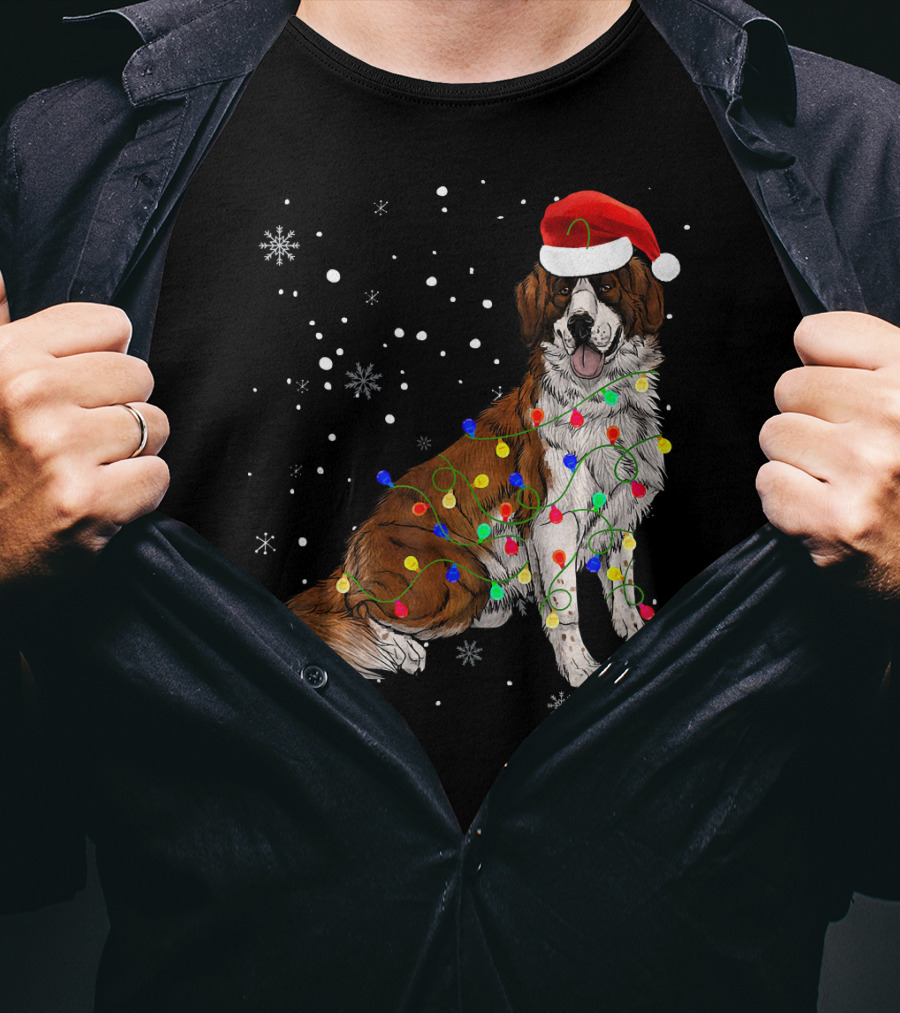 Bernard Dog Christmas Lights Santa Hat Snowflakes T-Shirt