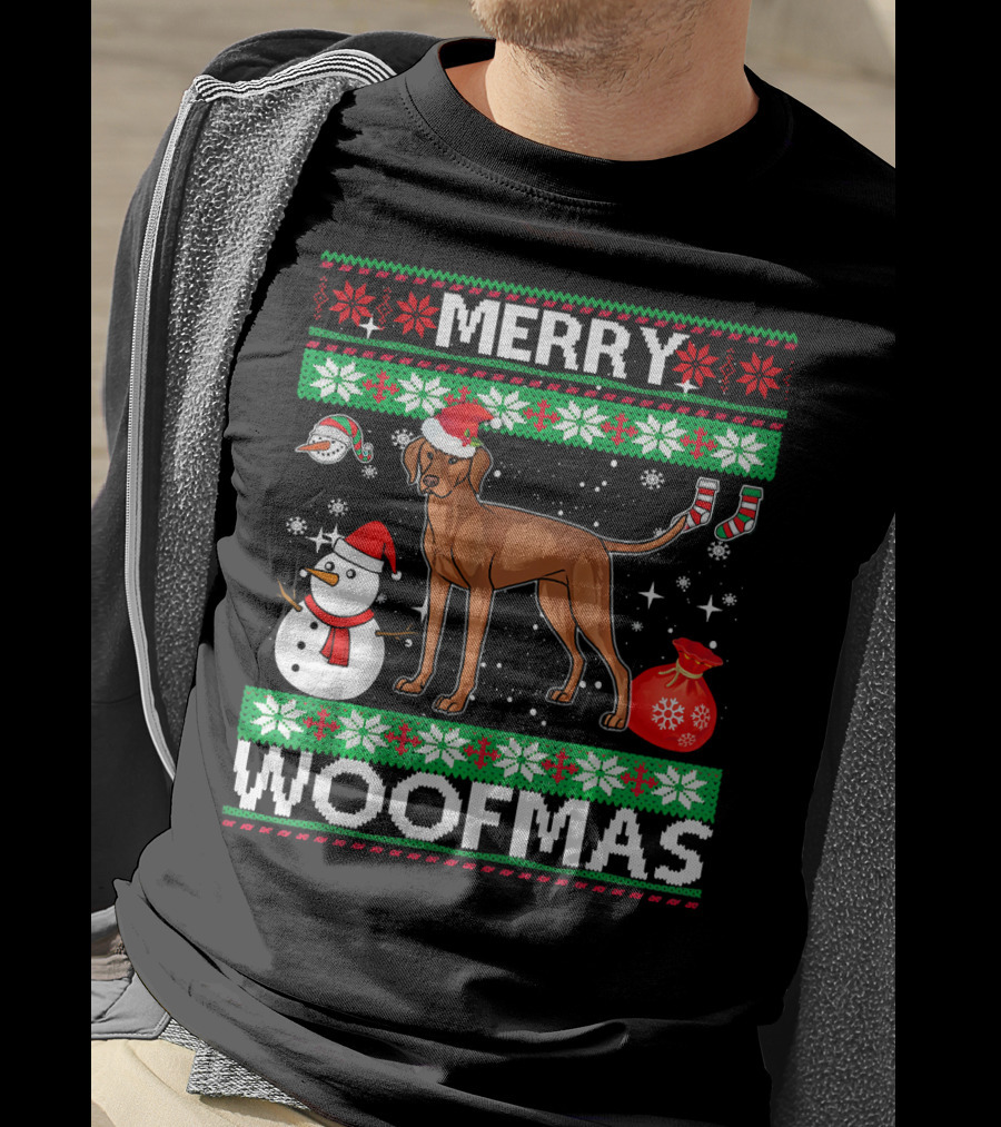 Merry Woofmas Vizsla Dog Festive Snowman Santa Hat T-Shirt