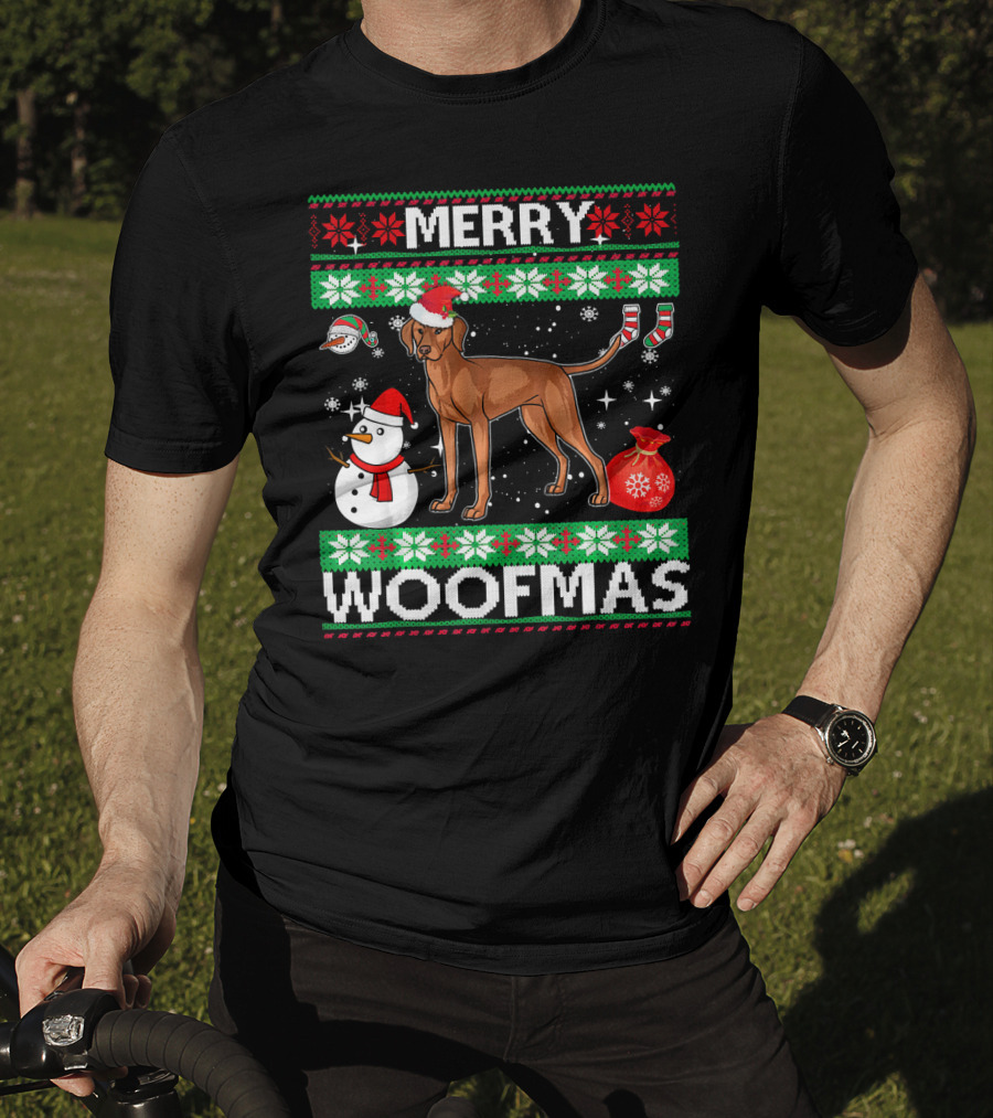 Merry Woofmas Vizsla Dog Festive Snowman Santa Hat T-Shirt