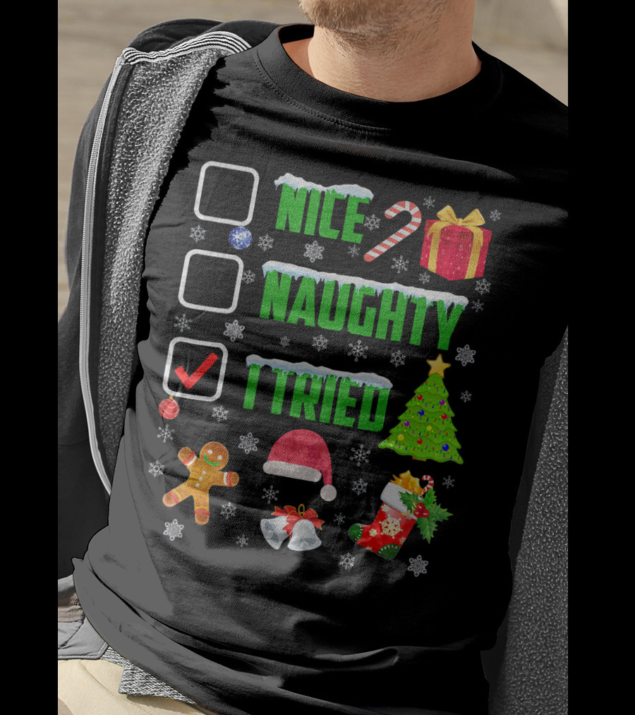 I Tried Nice Naughty Christmas Humor Candy Cane Gingerbread Santa Hat T-Shirt