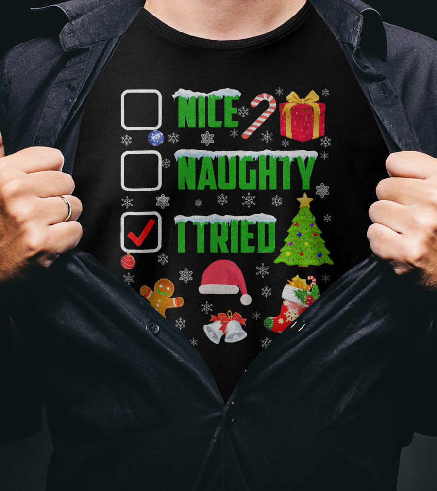 I Tried Nice Naughty Christmas Humor Candy Cane Gingerbread Santa Hat T-Shirt