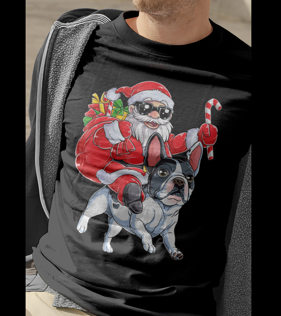 French Bulldog Christmas Santa Claus Cane Sleigh T-Shirt