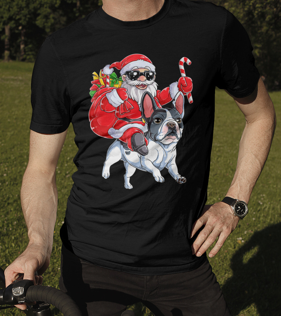French Bulldog Christmas Santa Claus Cane Sleigh T-Shirt