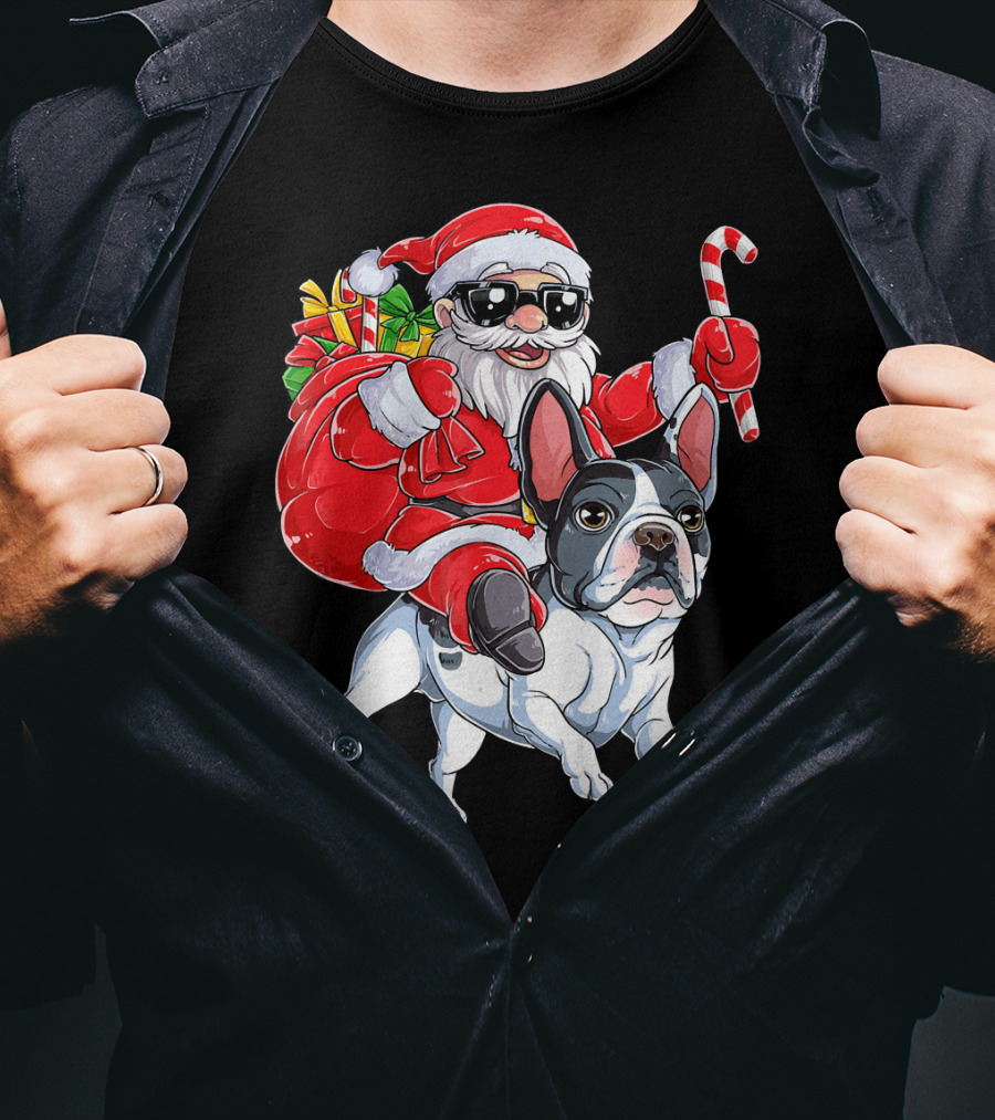 French Bulldog Christmas Santa Claus Cane Sleigh T-Shirt