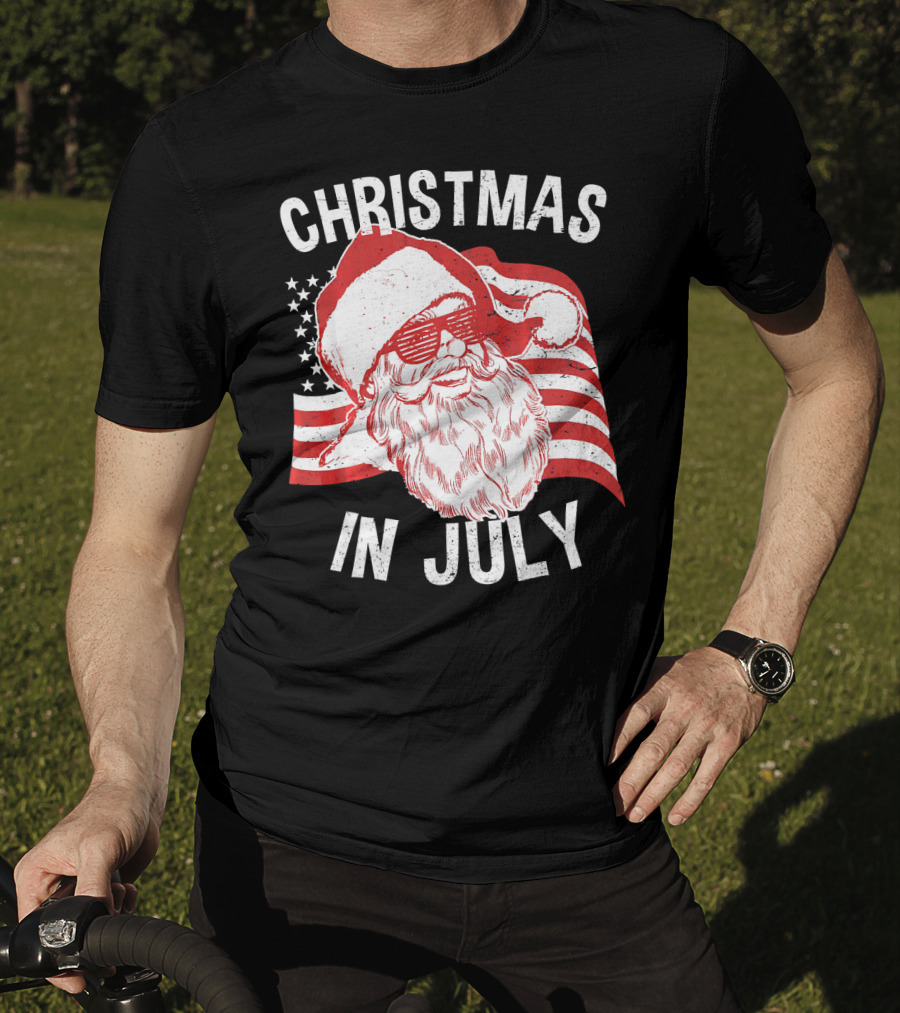 Christmas In July Retro Hipster Santa With American Flag And Shades T-Shirt