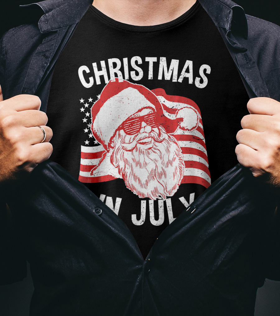 Christmas In July Retro Hipster Santa With American Flag And Shades T-Shirt