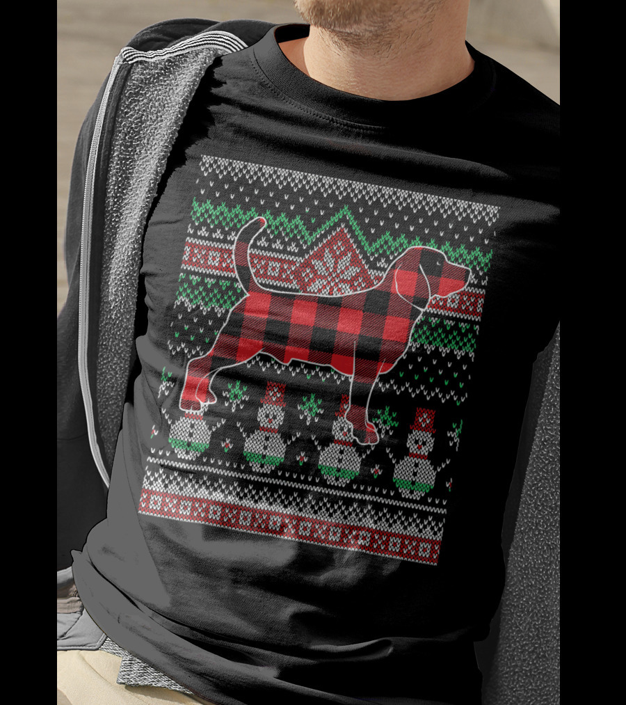 Beagle Red Plaid Christmas Dog Sweater Snowman T-Shirt