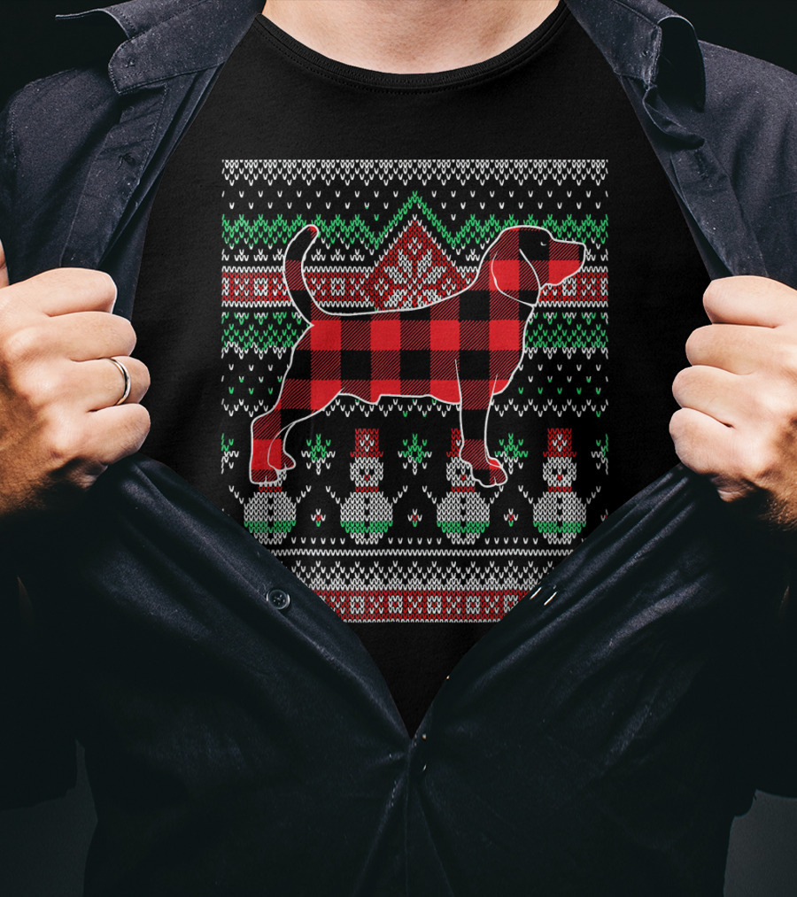 Beagle Red Plaid Christmas Dog Sweater Snowman T-Shirt