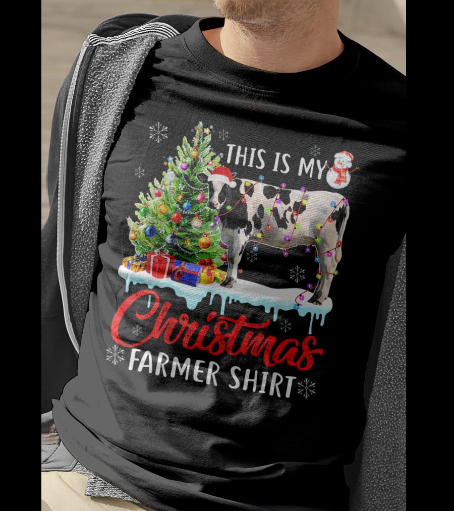 This Is My Christmas Farmer Shirt Cow Santa Hat Snowman Lights Tree T-Shirt
