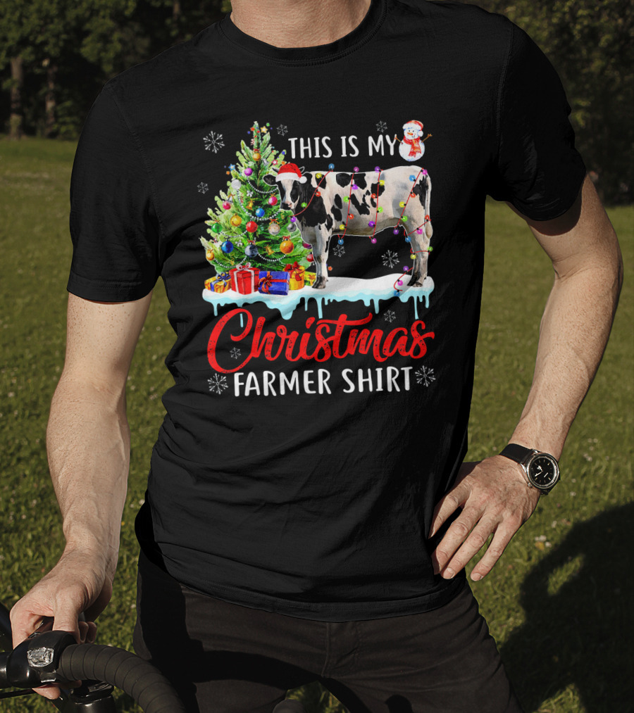 This Is My Christmas Farmer Shirt Cow Santa Hat Snowman Lights Tree T-Shirt