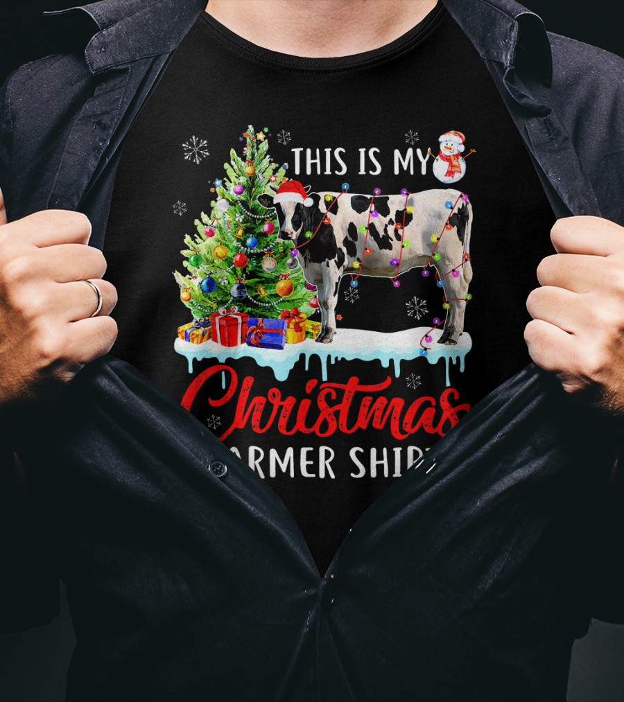 This Is My Christmas Farmer Shirt Cow Santa Hat Snowman Lights Tree T-Shirt