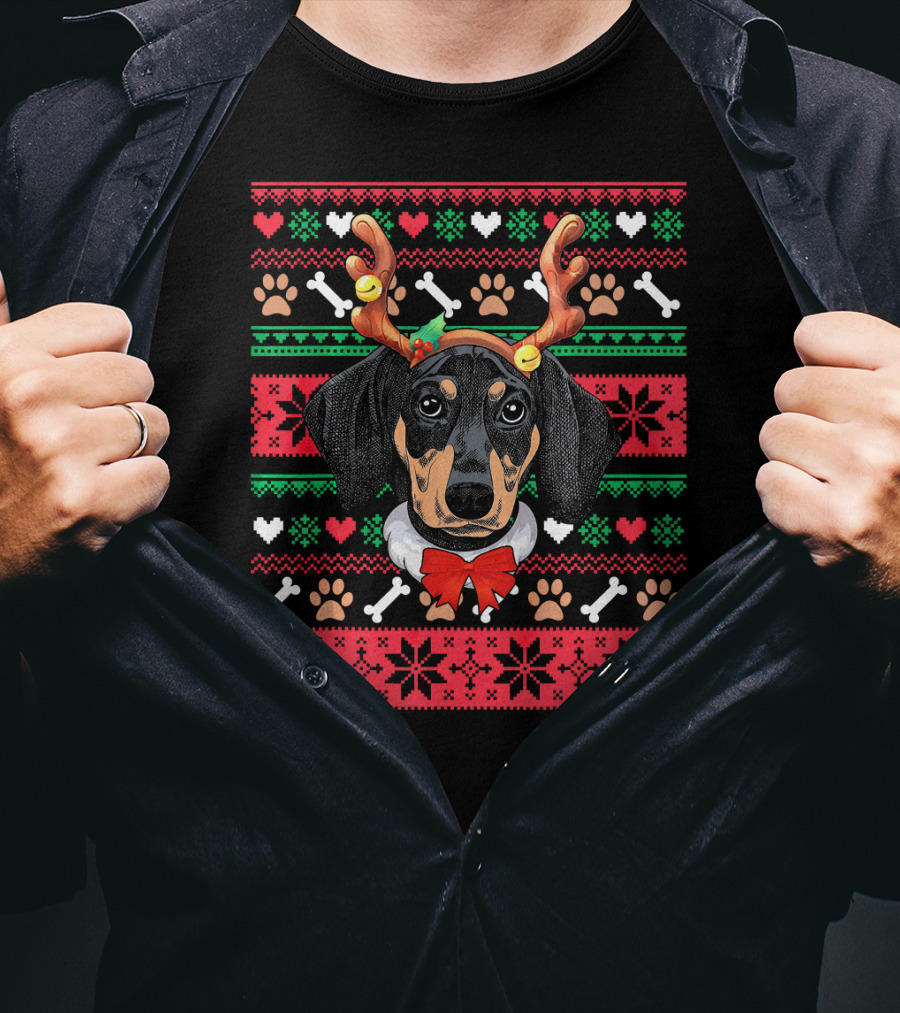 Dachshund Reindeer Ugly Christmas Dog T-Shirt