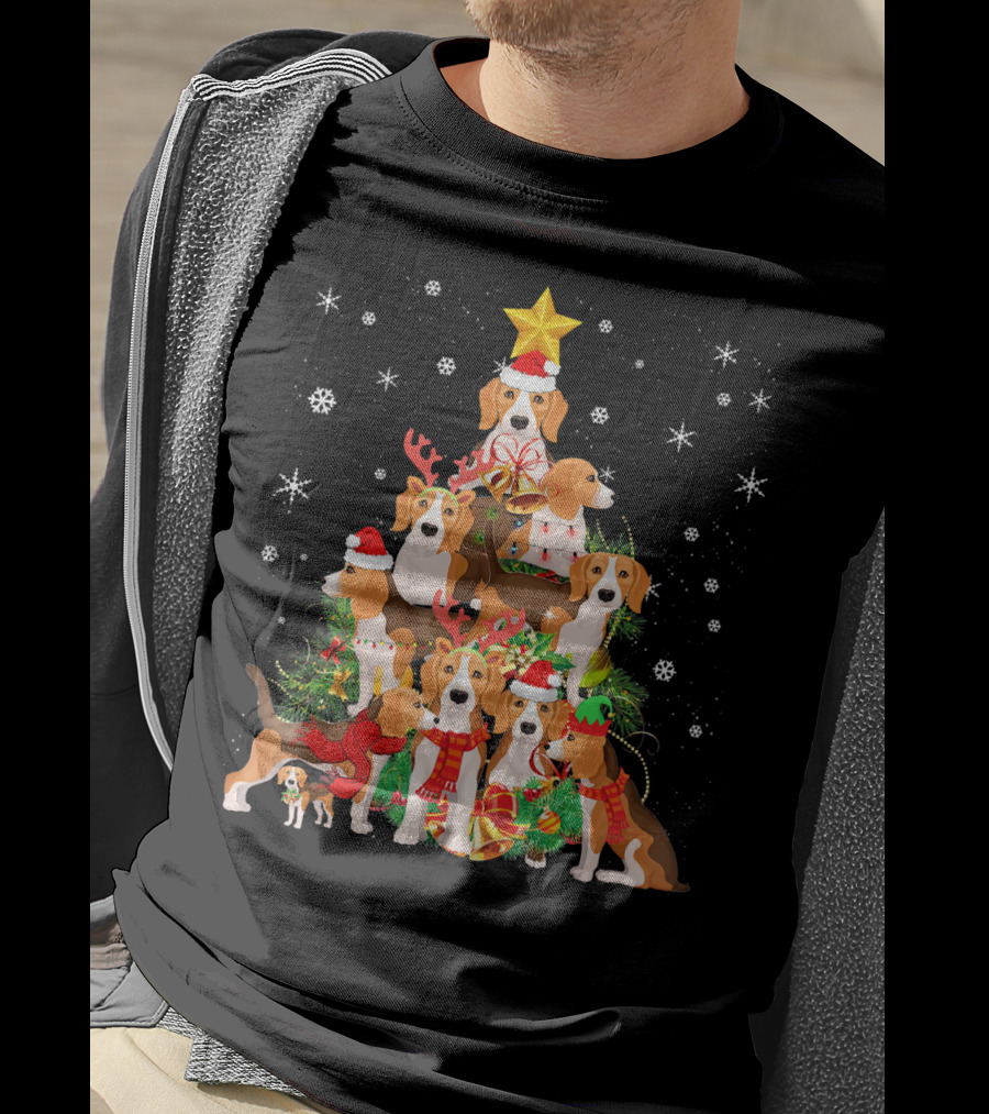 Beagles Christmas Tree With Festive Santa Hats And Reindeer Antlers T-Shirt