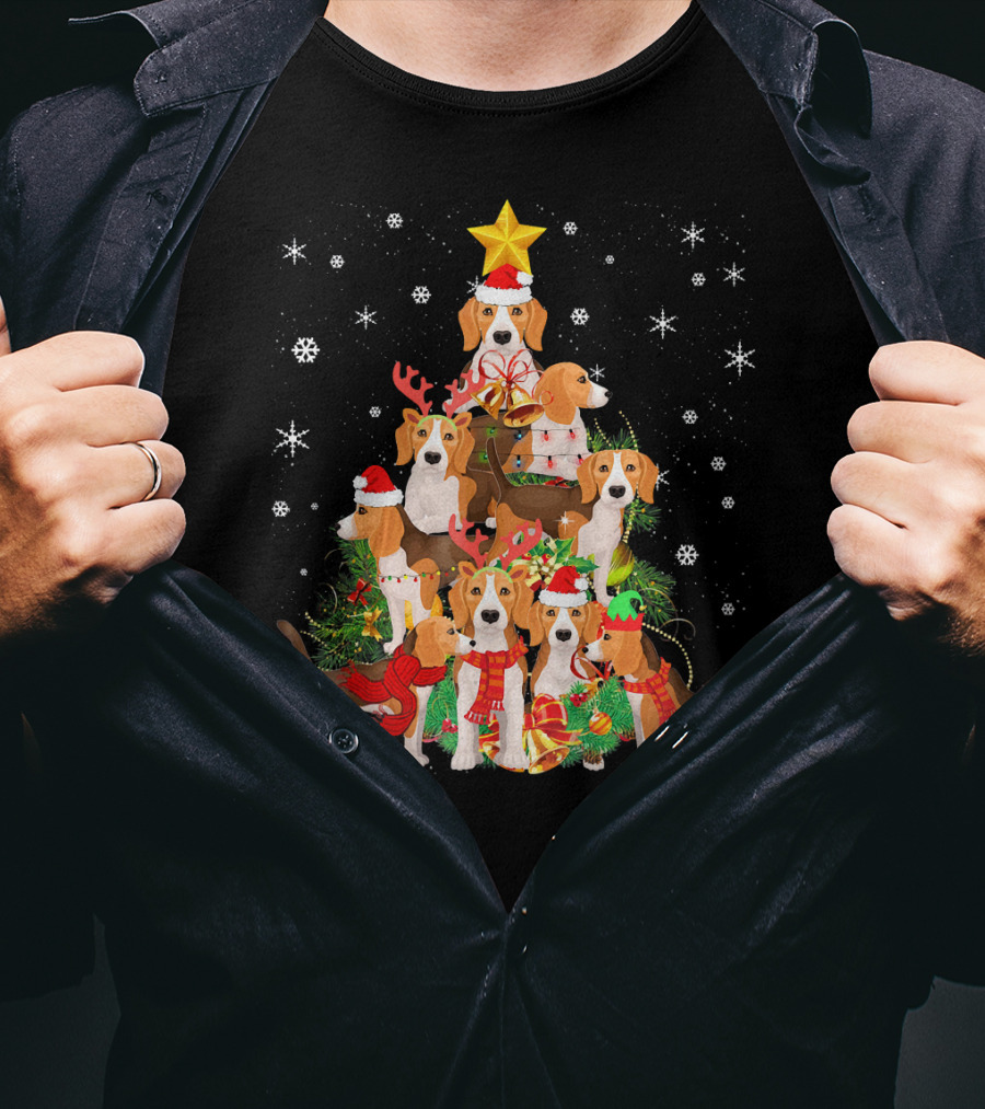 Beagles Christmas Tree With Festive Santa Hats And Reindeer Antlers T-Shirt