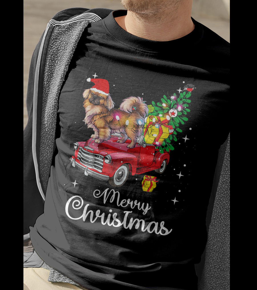 Merry Christmas Pekingese Rides Red Truck With Santa Hat And Holiday Gifts T-Shirt
