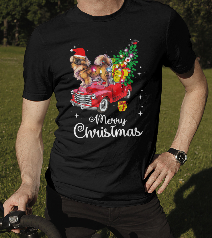 Merry Christmas Pekingese Rides Red Truck With Santa Hat And Holiday Gifts T-Shirt