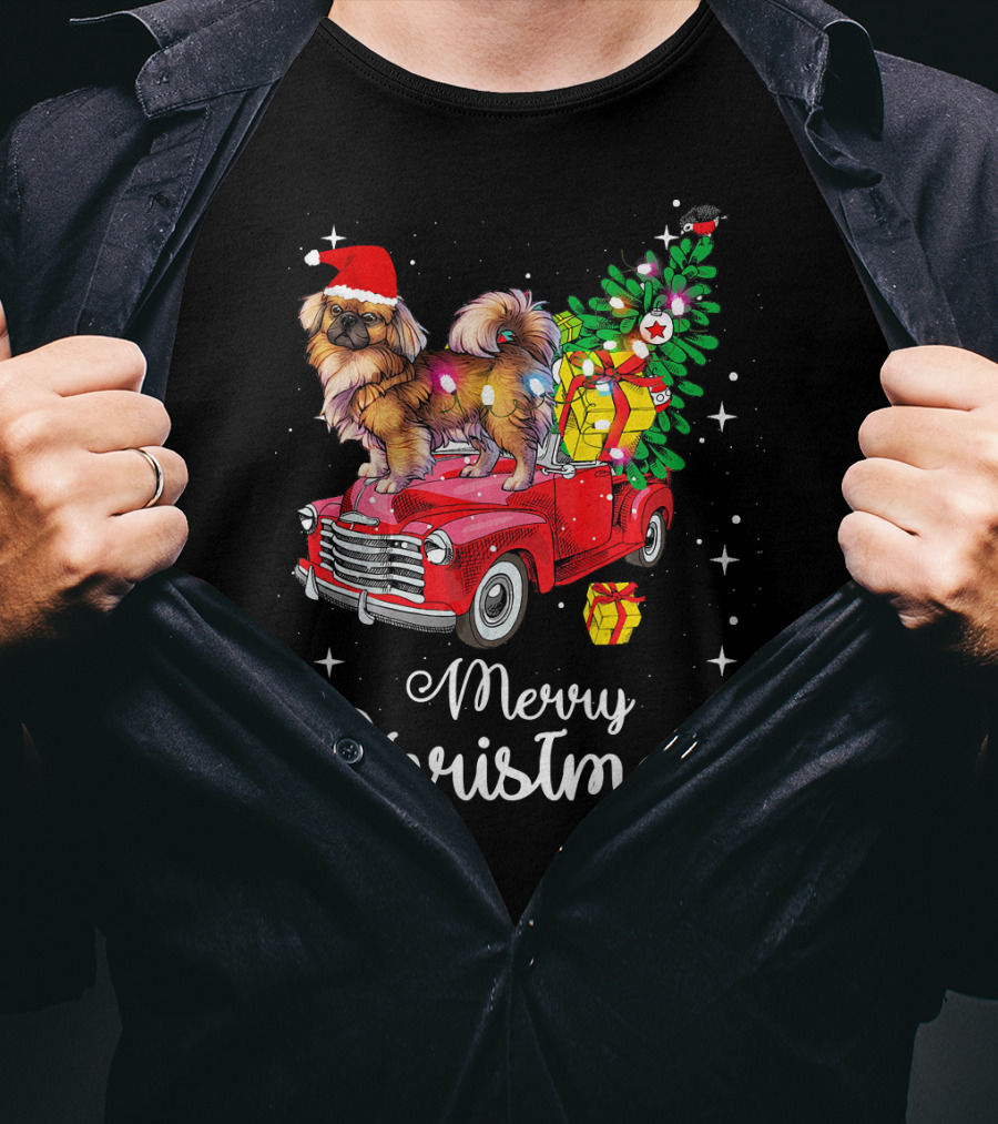 Merry Christmas Pekingese Rides Red Truck With Santa Hat And Holiday Gifts T-Shirt