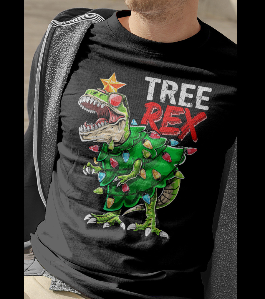 Tree Rex Dinosaur Christmas Tree With Festive Lights And Star T-Shirt