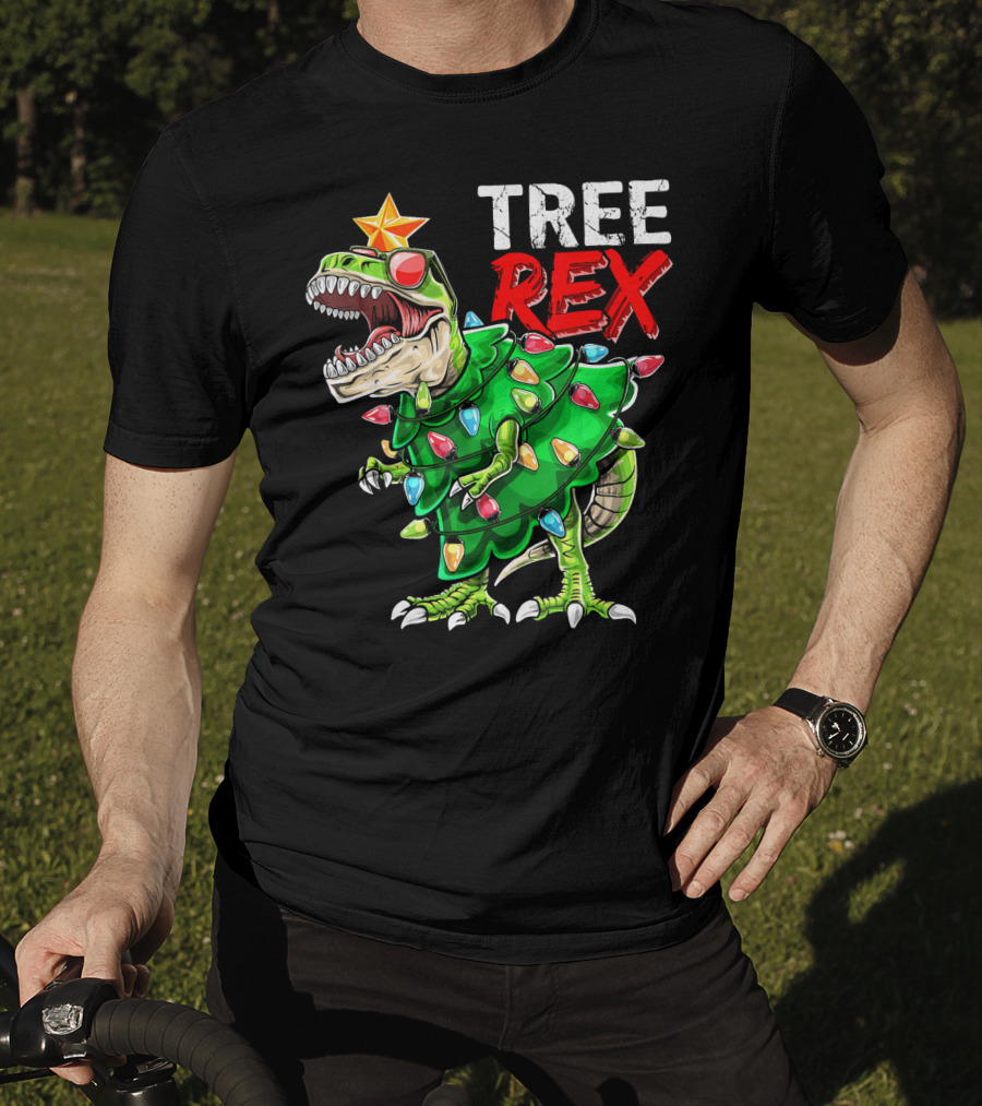 Tree Rex Dinosaur Christmas Tree With Festive Lights And Star T-Shirt